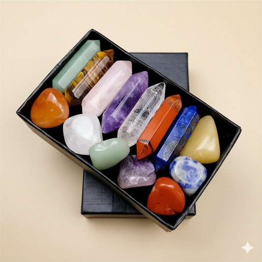 14PCS Quartz Crystal Chakra Healing Stones Set – Rose Quartz and Hexagon Gems for Meditation and Décor