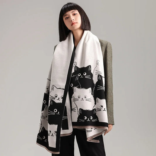 Cute Cat Jacquard Cashmere Pashmina Scarf – Winter Warmth and Windproof Comfort