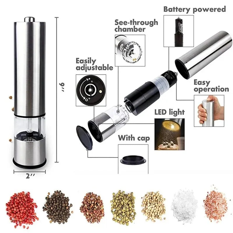 Stainless Steel Electric Pepper and Salt Grinder – Adjustable Coarseness for Kitchen and BBQ