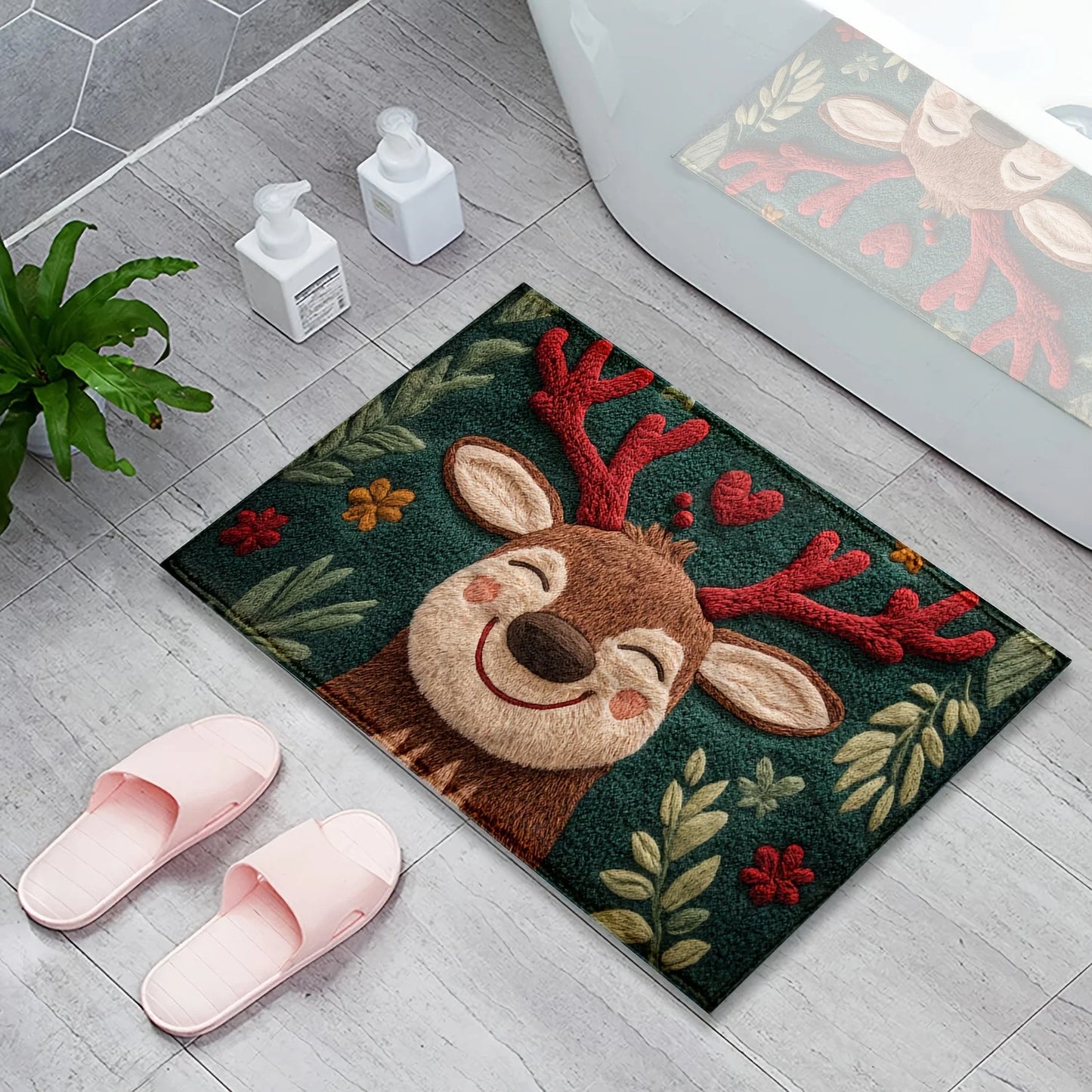 Cute Christmas Deer Microfiber Rug for Bathroom and Bedroom