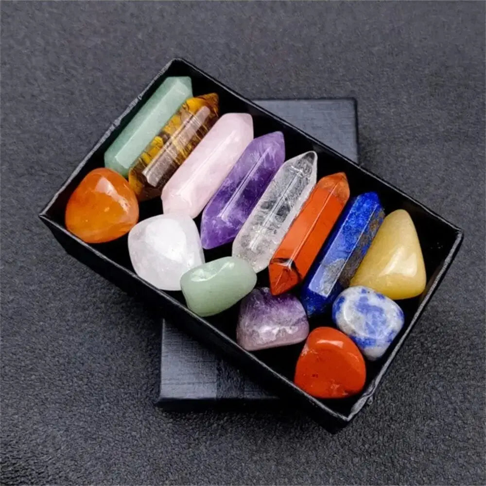 14PCS Quartz Crystal Chakra Healing Stones Set – Rose Quartz and Hexagon Gems for Meditation and Décor