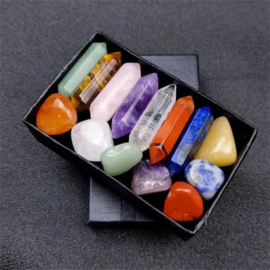 14PCS Quartz Crystal Chakra Healing Stones Set – Rose Quartz and Hexagon Gems for Meditation and Décor