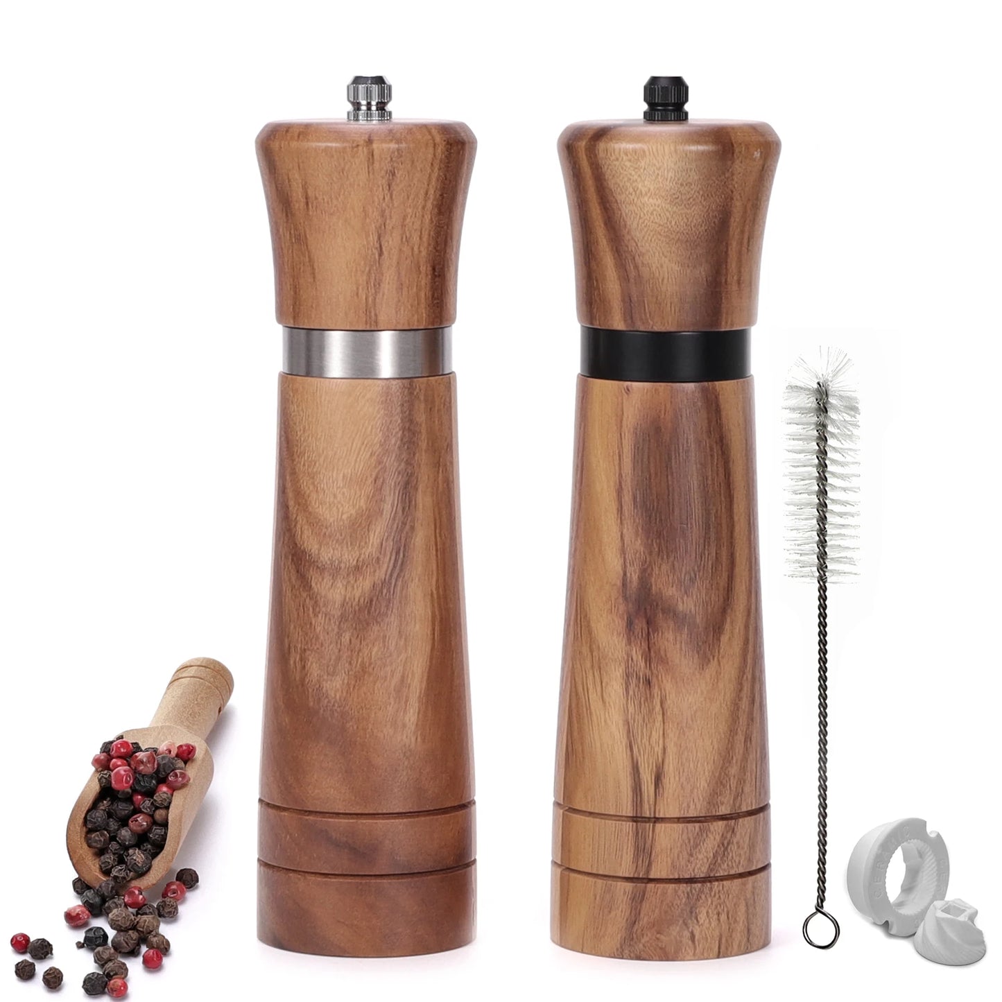 Wooden Salt and Pepper Grinder Mill Set – With Spare Ceramic Core and Cleaning Brush
