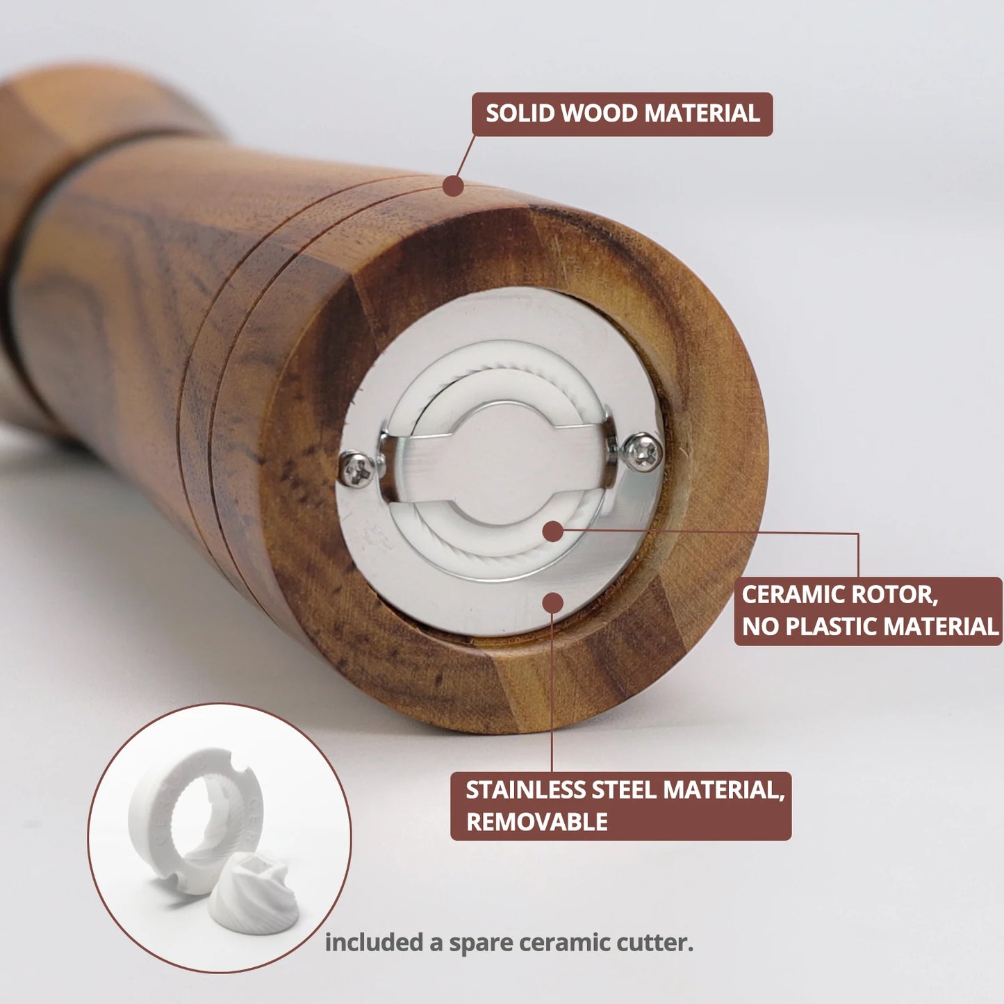Wooden Salt and Pepper Grinder Mill Set – With Spare Ceramic Core and Cleaning Brush