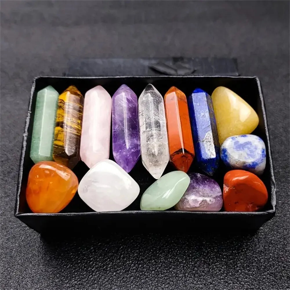 14PCS Quartz Crystal Chakra Healing Stones Set – Rose Quartz and Hexagon Gems for Meditation and Décor