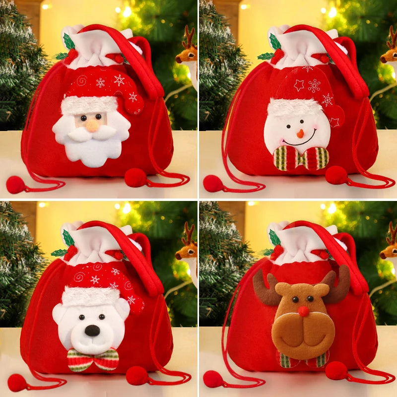 4PCS Christmas Flannel Drawstring Gift Bags with Santa