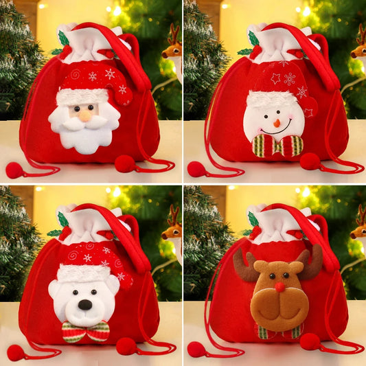 4PCS Christmas Flannel Drawstring Gift Bags with Santa