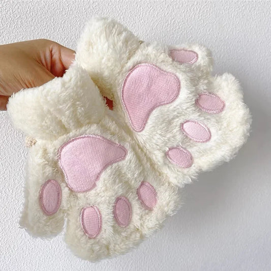 Cute Cat Paw Plush Fingerless Gloves for Winter Warmth
