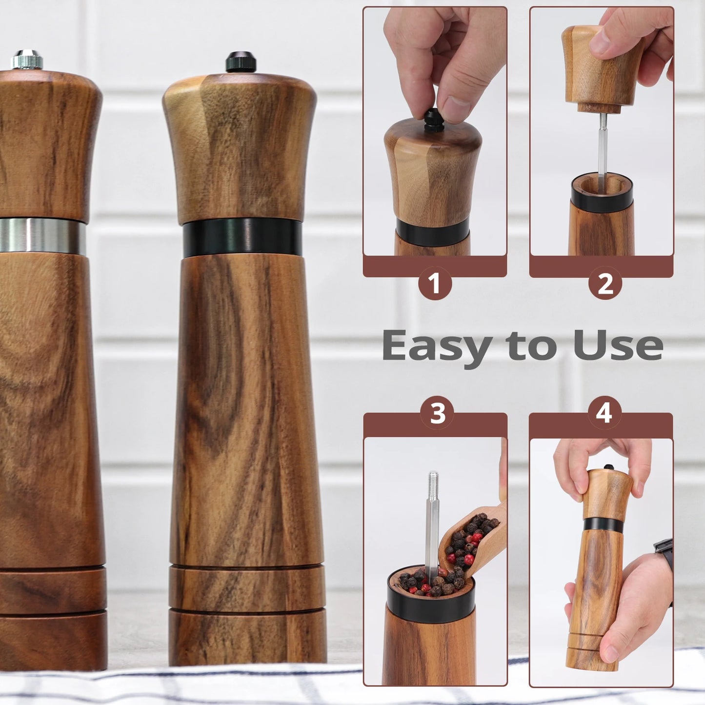 Wooden Salt and Pepper Grinder Mill Set – With Spare Ceramic Core and Cleaning Brush