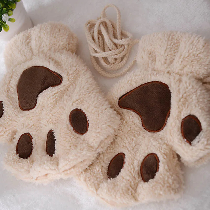Cute Cat Paw Plush Fingerless Gloves for Winter Warmth