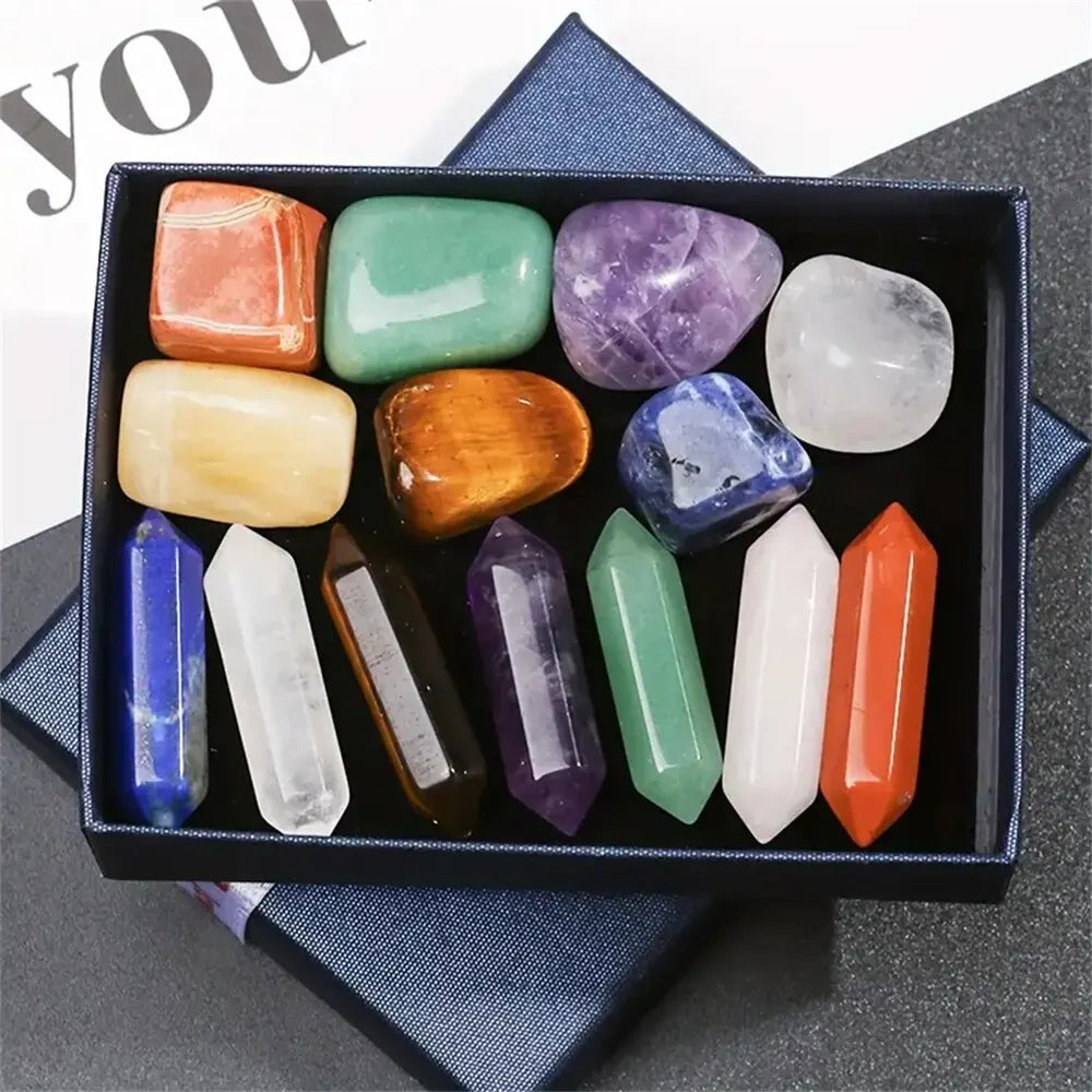 14PCS Quartz Crystal Chakra Healing Stones Set – Rose Quartz and Hexagon Gems for Meditation and Décor