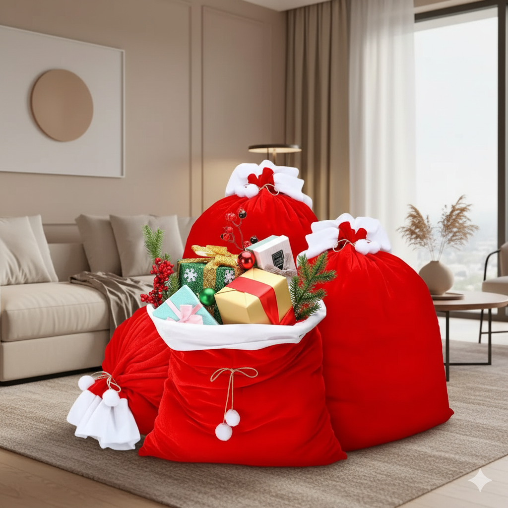 Santa’s Red Velvet Drawstring Christmas Gift Bag