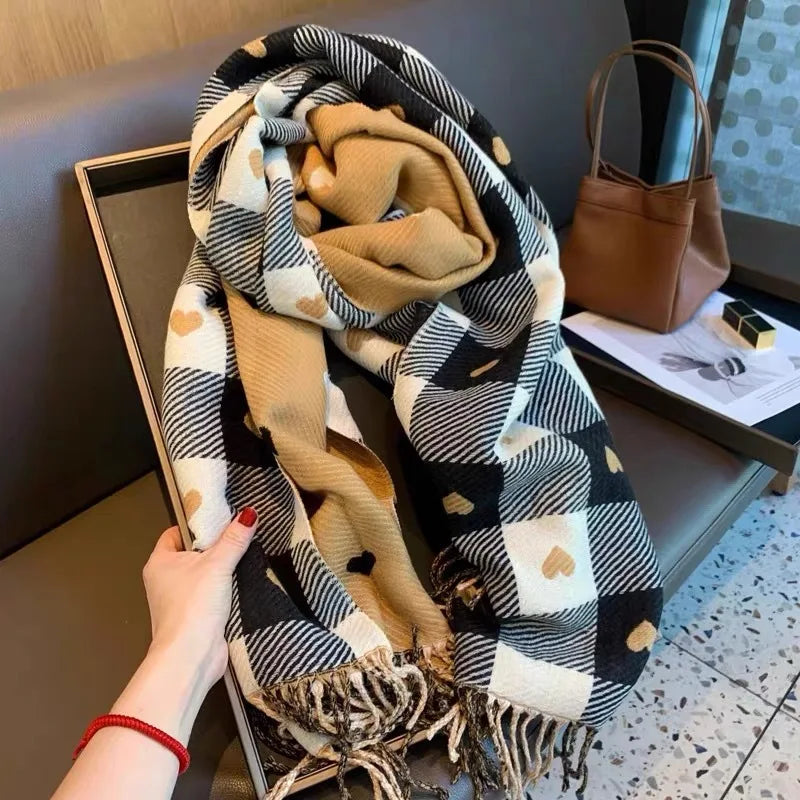 Women’s Autumn Winter Heart Plaid Scarf – Thick Oversized Blanket Shawl