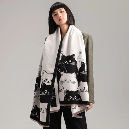 Cute Cat Jacquard Cashmere Pashmina Scarf – Winter Warmth and Windproof Comfort
