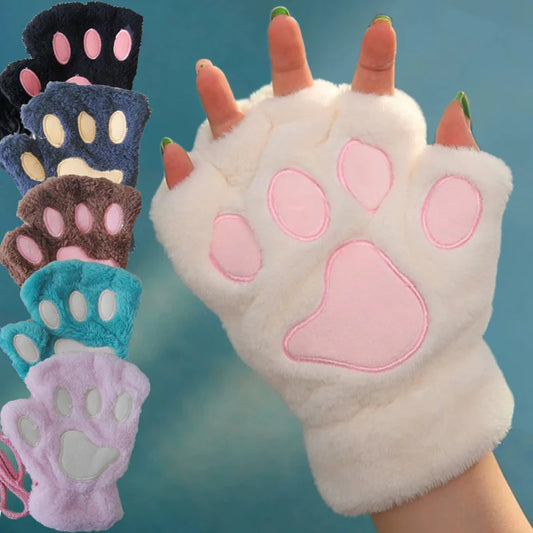 Cute Cat Paw Plush Fingerless Gloves for Winter Warmth