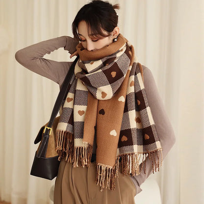 Women’s Autumn Winter Heart Plaid Scarf – Thick Oversized Blanket Shawl