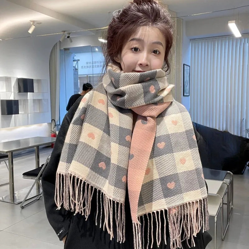 Women’s Autumn Winter Heart Plaid Scarf – Thick Oversized Blanket Shawl