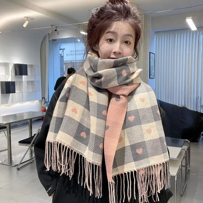 Women’s Autumn Winter Heart Plaid Scarf – Thick Oversized Blanket Shawl