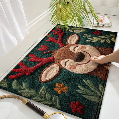 Cute Christmas Deer Microfiber Rug for Bathroom and Bedroom