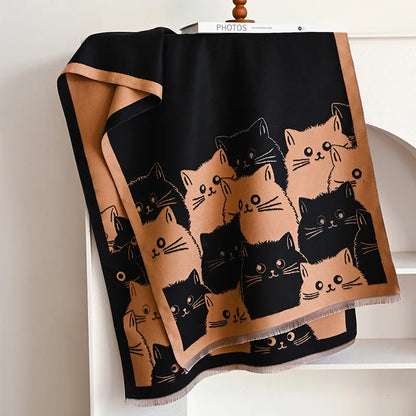 Cute Cat Jacquard Cashmere Pashmina Scarf – Winter Warmth and Windproof Comfort