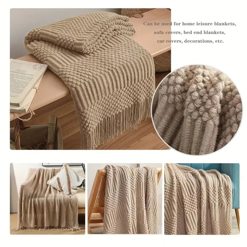 Chunky Knitted Throw Blanket with Tassels – Oversized Farmhouse Luxury Comfort