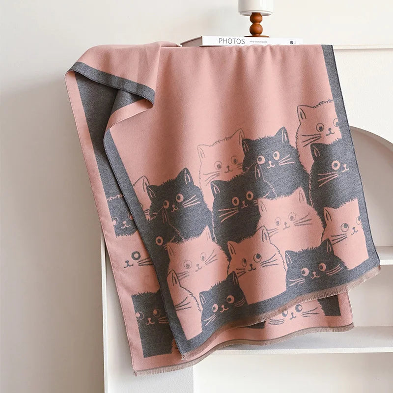 Cute Cat Jacquard Cashmere Pashmina Scarf – Winter Warmth and Windproof Comfort