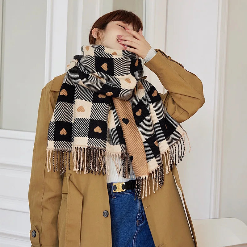 Women’s Autumn Winter Heart Plaid Scarf – Thick Oversized Blanket Shawl