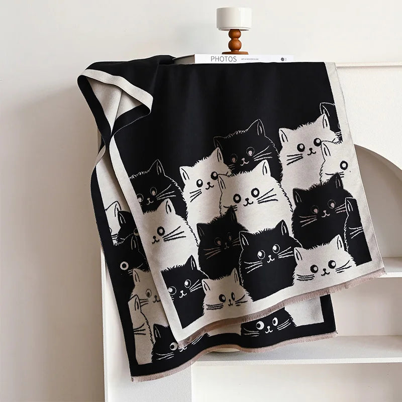 Cute Cat Jacquard Cashmere Pashmina Scarf – Winter Warmth and Windproof Comfort