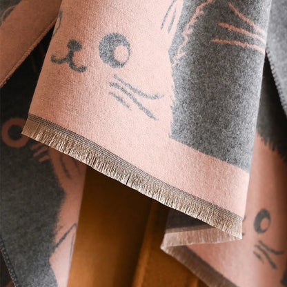 Cute Cat Jacquard Cashmere Pashmina Scarf – Winter Warmth and Windproof Comfort
