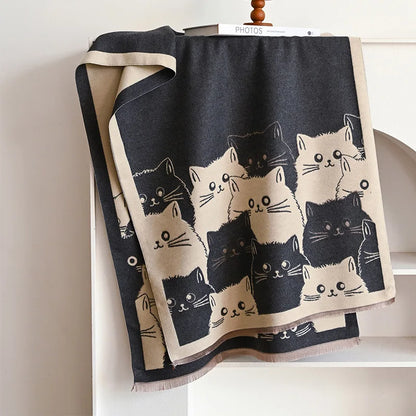 Cute Cat Jacquard Cashmere Pashmina Scarf – Winter Warmth and Windproof Comfort