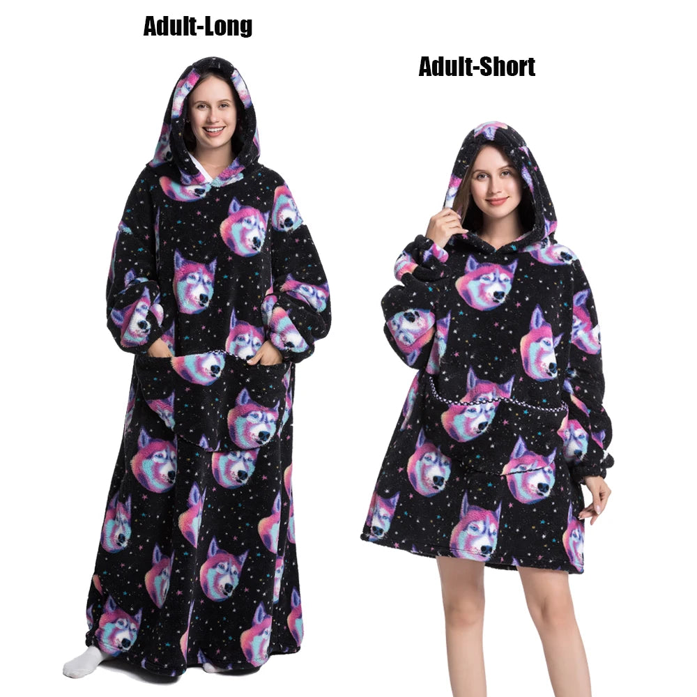 Oversized Plush Fleece Blanket Hoodie with Sleeves – Warm Homewear Comfort
