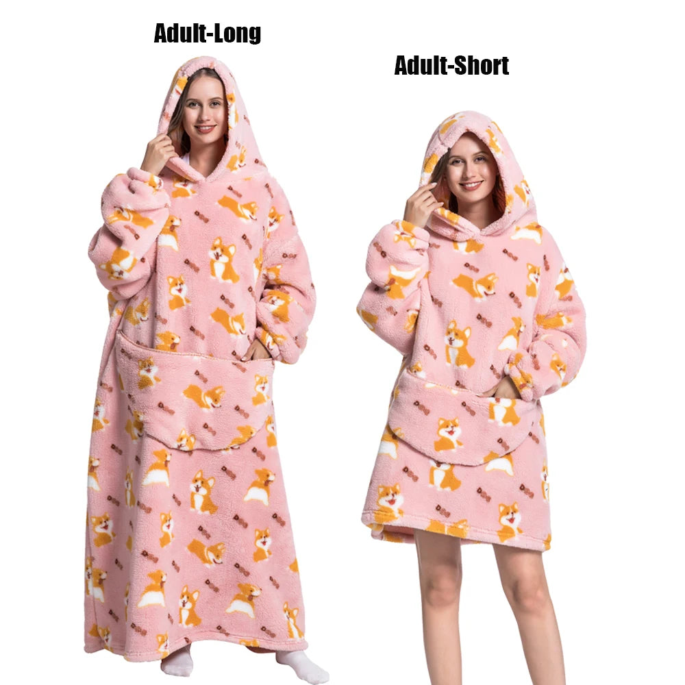 Oversized Plush Fleece Blanket Hoodie with Sleeves – Warm Homewear Comfort