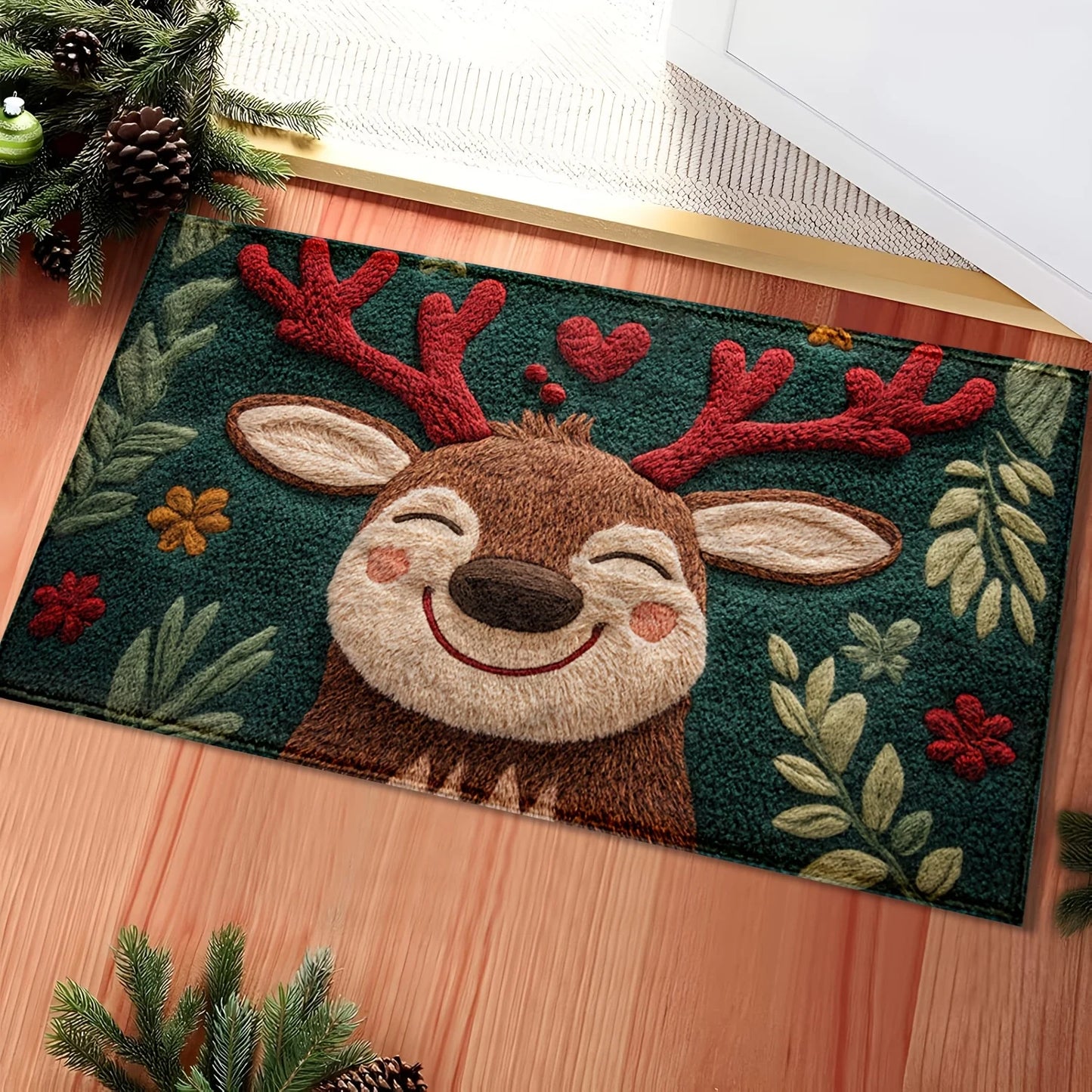 Cute Christmas Deer Microfiber Rug for Bathroom and Bedroom
