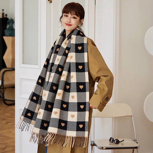 Women’s Autumn Winter Heart Plaid Scarf – Thick Oversized Blanket Shawl