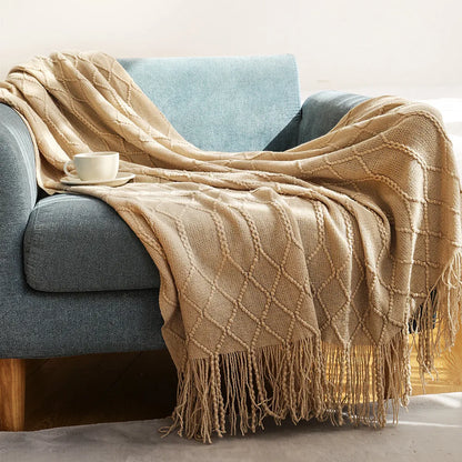 Chunky Knitted Throw Blanket with Tassels – Oversized Farmhouse Luxury Comfort
