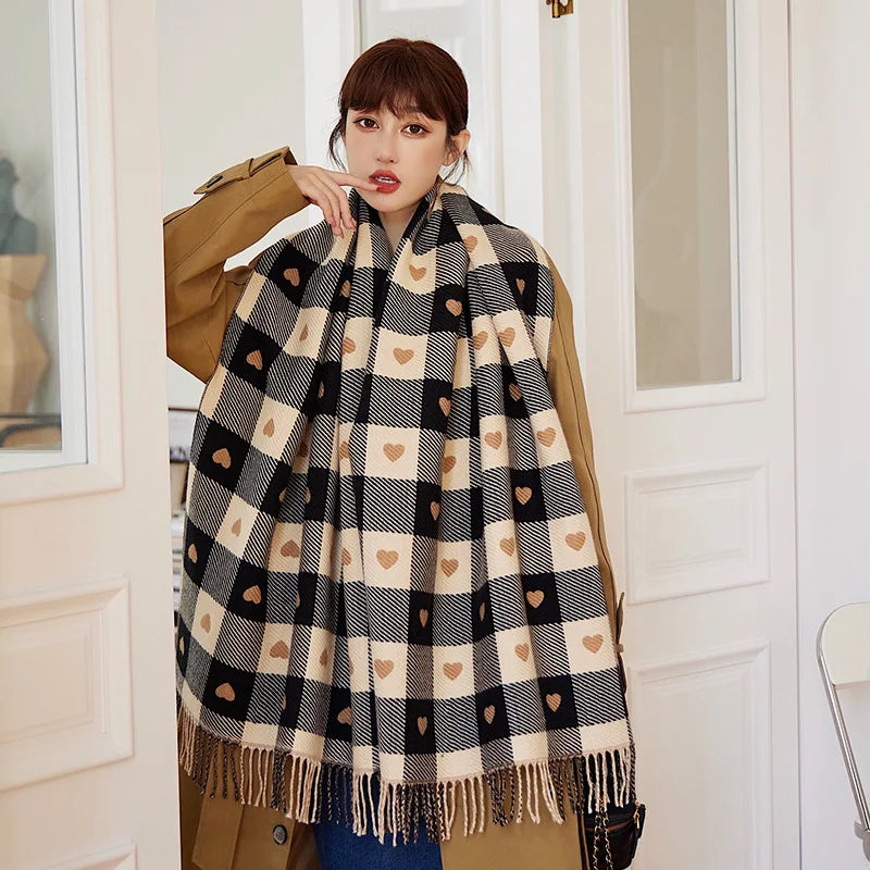 Women’s Autumn Winter Heart Plaid Scarf – Thick Oversized Blanket Shawl