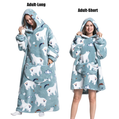 Oversized Plush Fleece Blanket Hoodie with Sleeves – Warm Homewear Comfort
