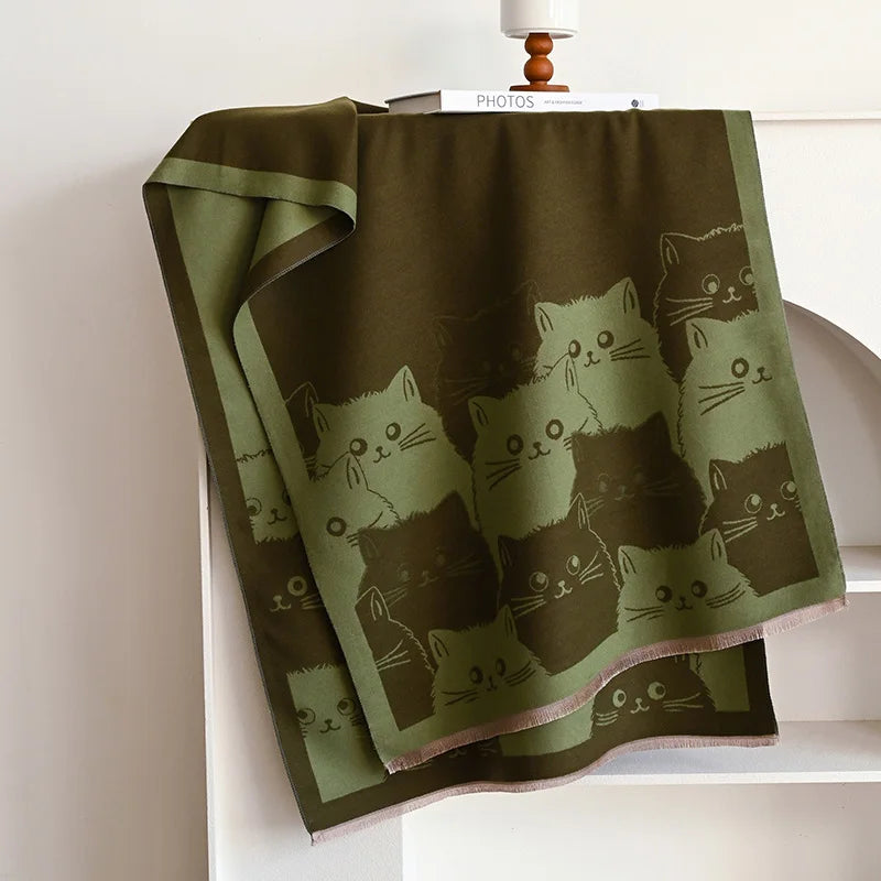 Cute Cat Jacquard Cashmere Pashmina Scarf – Winter Warmth and Windproof Comfort