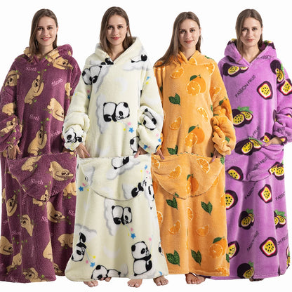 Oversized Plush Fleece Blanket Hoodie with Sleeves – Warm Homewear Comfort